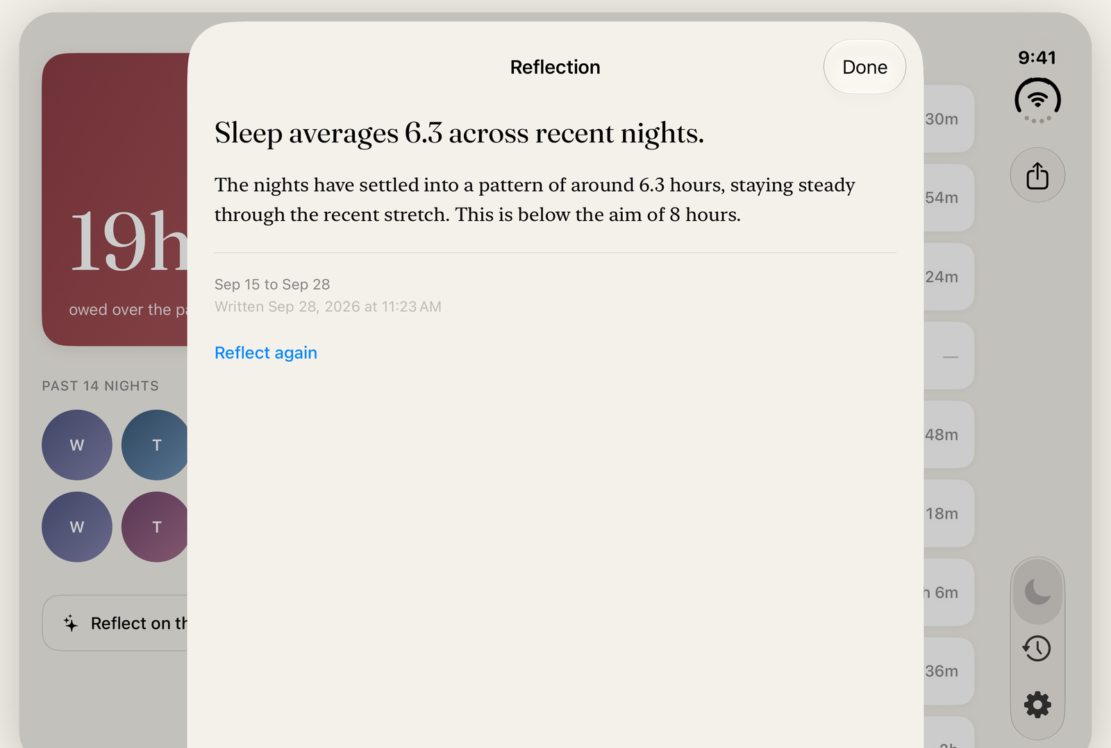 A reflection in Eclipsed: Sleep averages 6.3 across recent nights, written on device for September 15 to 28.