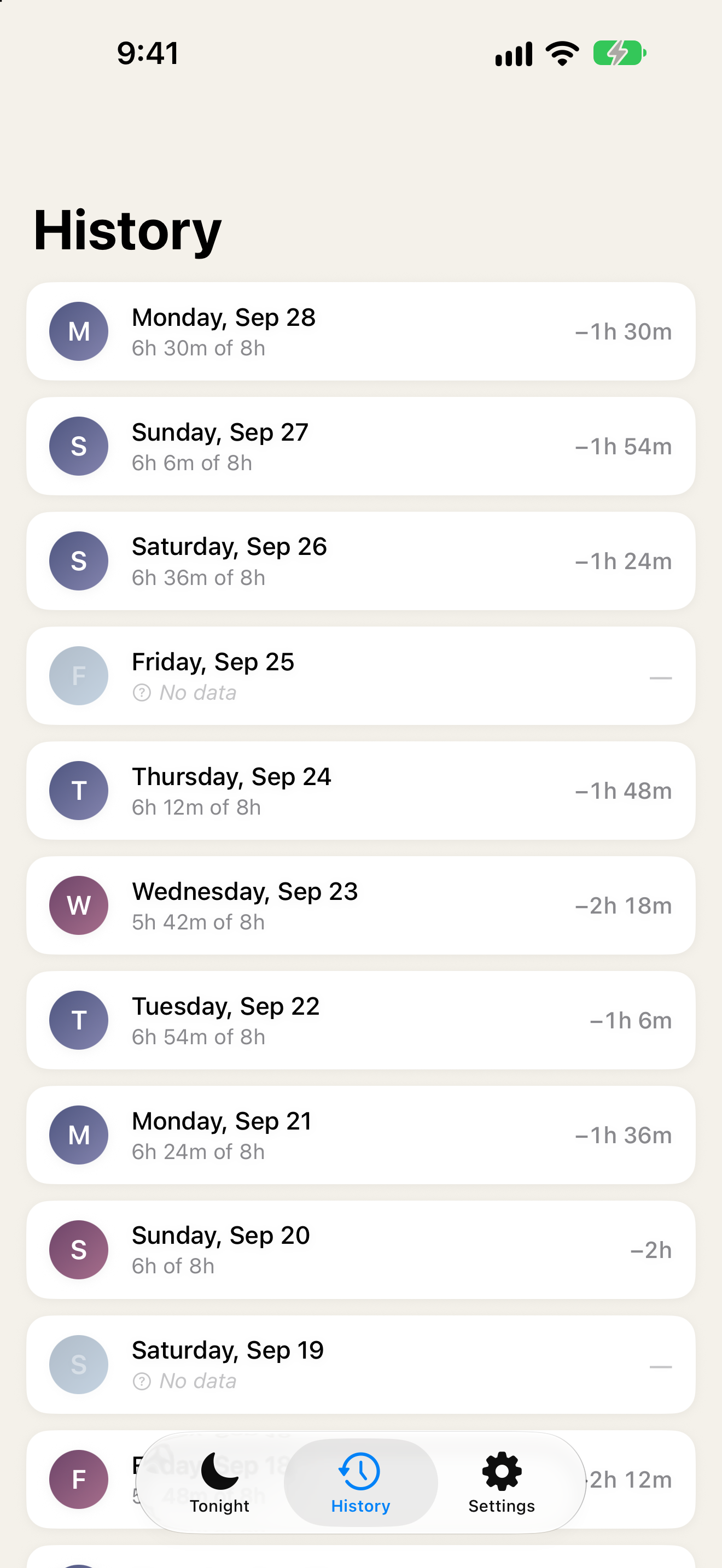 History in Eclipsed: each night with hours slept against an 8 hour target and the amount owed.