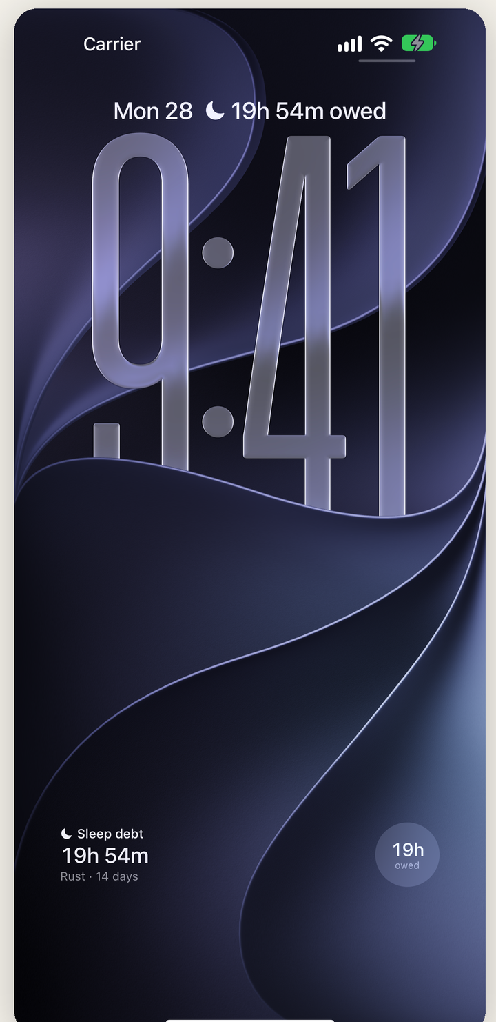 An iPhone Lock Screen showing 19h 54m owed under the date and in a widget.