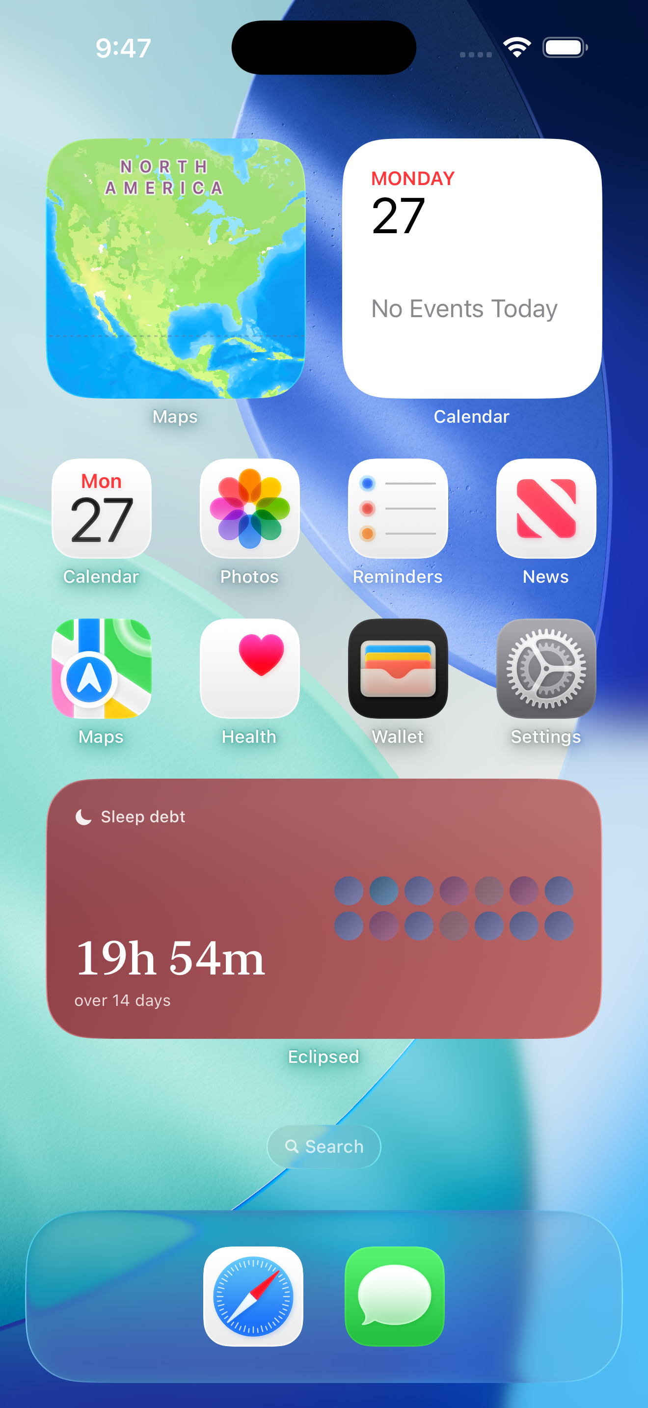 A Home Screen with the Eclipsed widget showing 19h 54m over 14 days.